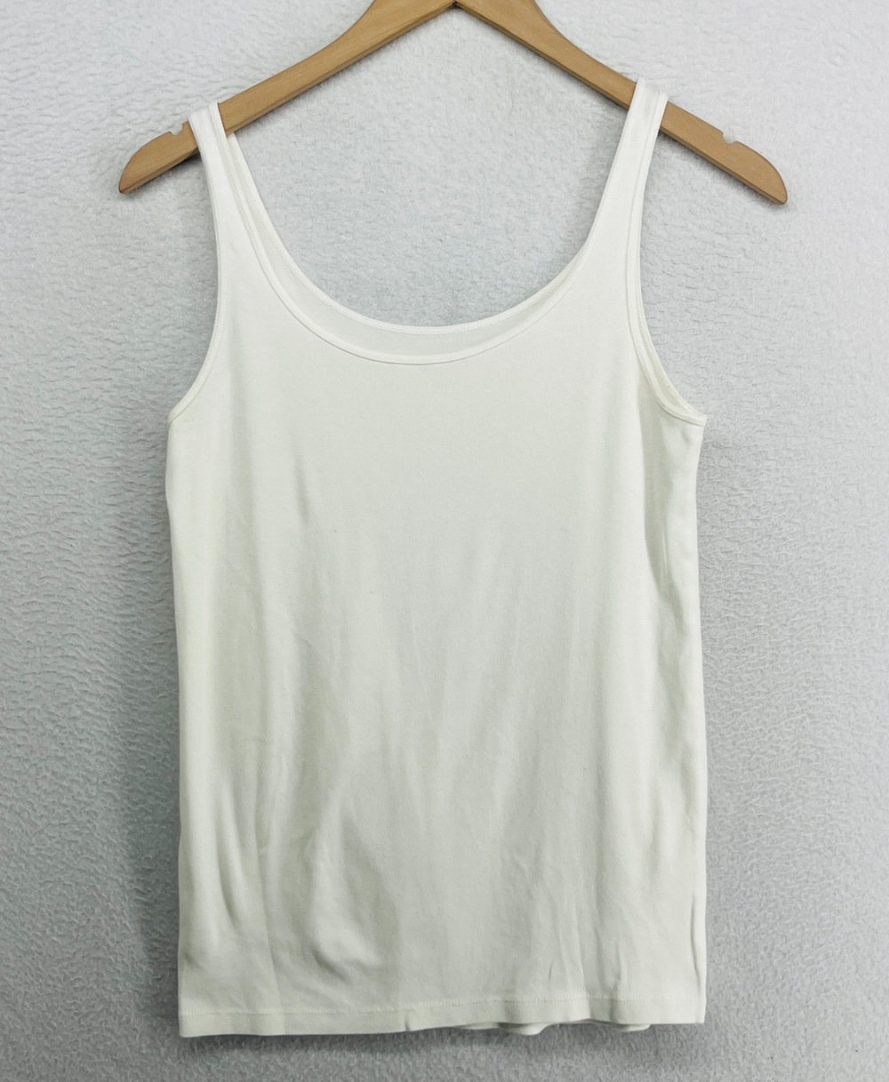 EILEEN FISHER Tank Top M Ribbed Organic Cotton Jersey Cami Slim Scoop Neck White
